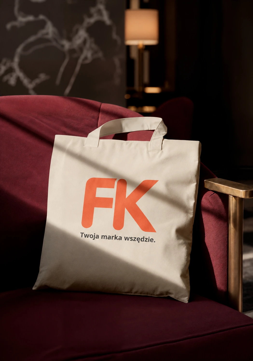 Mockup bawełnianej torby z logo FK na fotelu