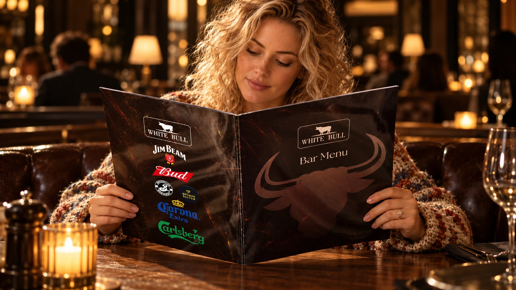 Karta barowa White Bull prezentowana w restauracji
